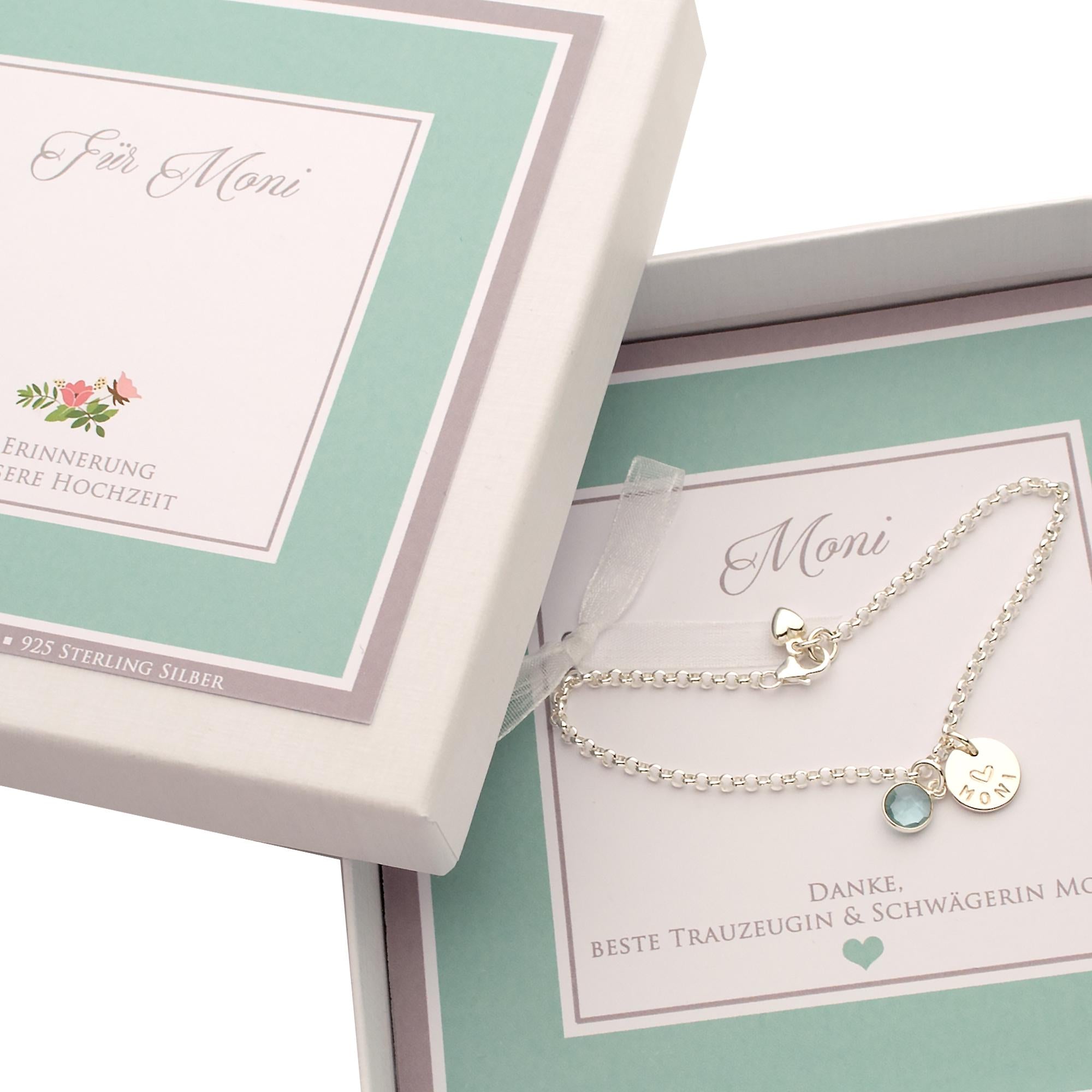 Geschenk für die Trauzeugin: Personalisiertes Armband "Danke" in Geschenkbox