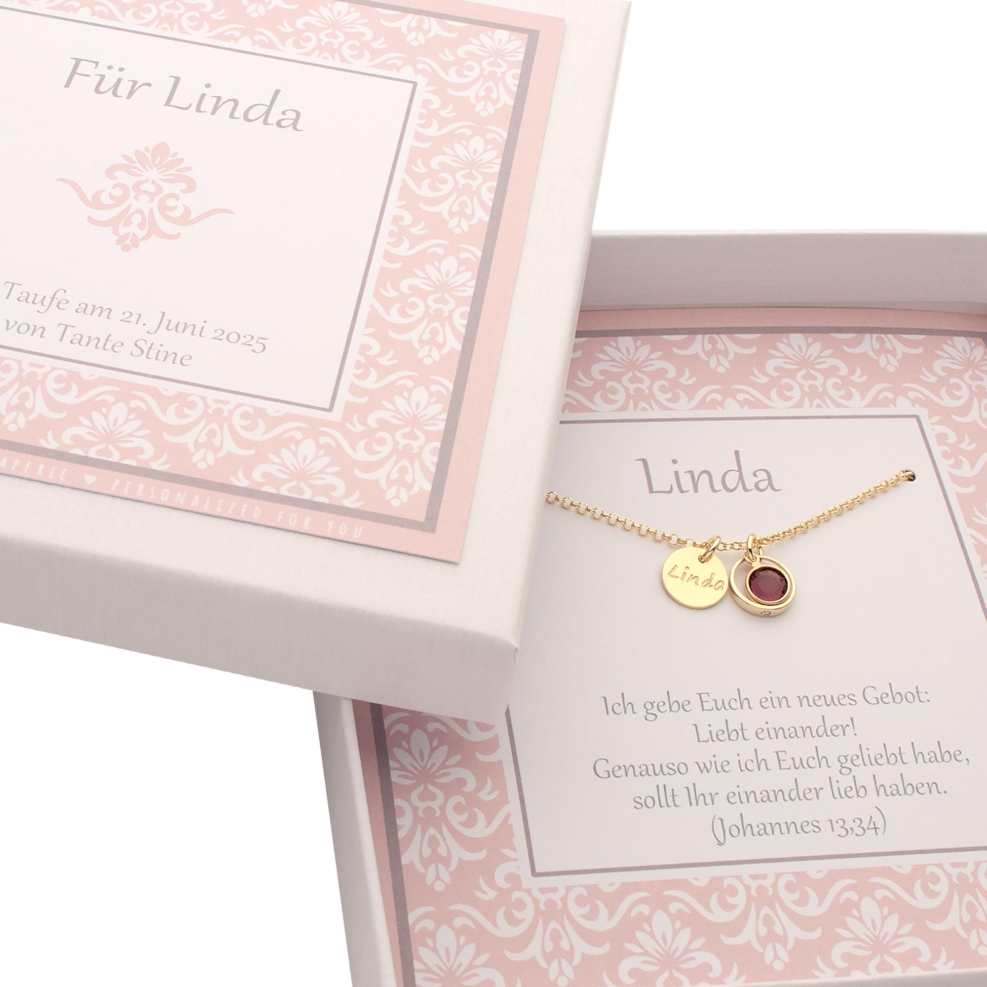 Vergoldete Taufkette "Linda" mit Gravur & Geburtsstein im Taufring