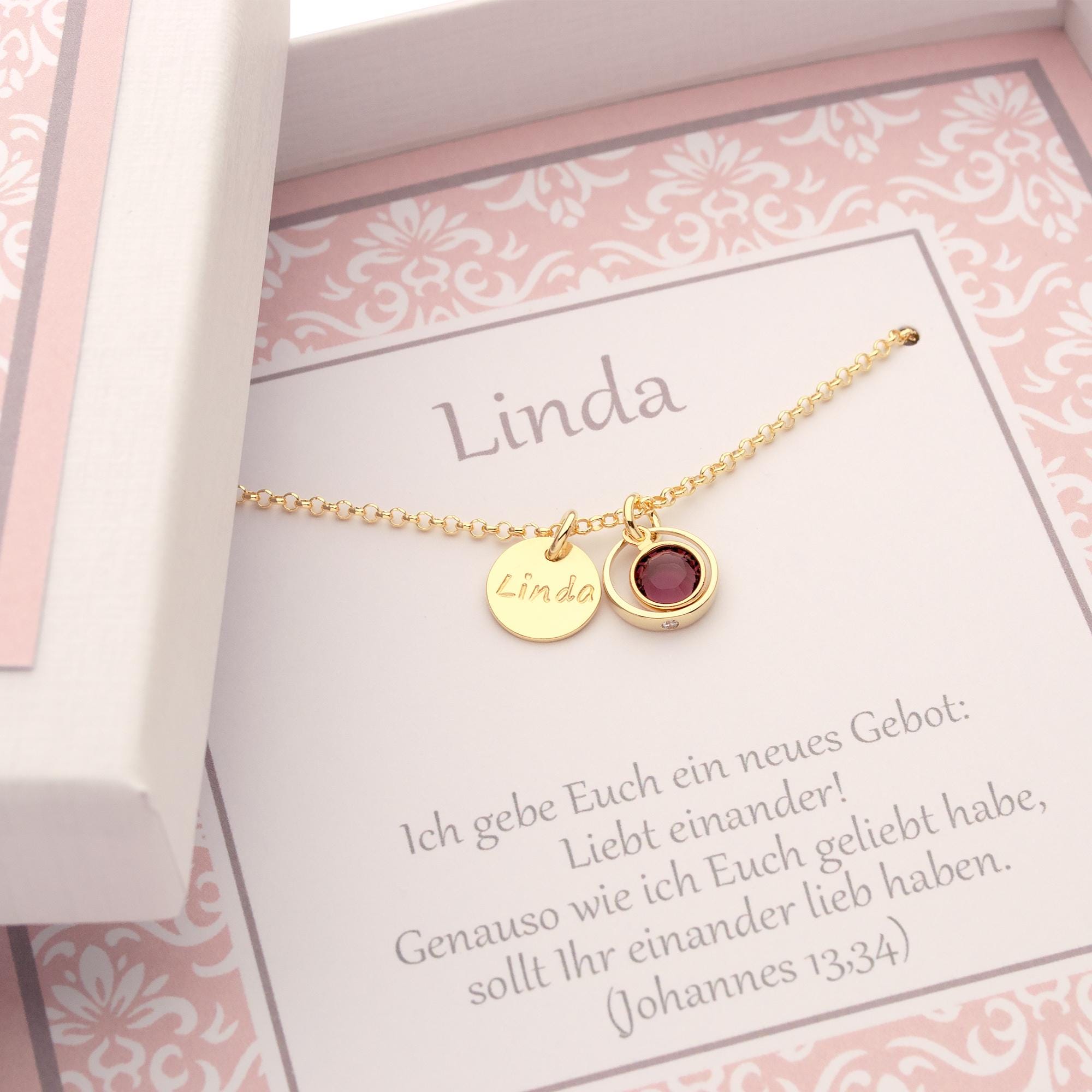 Vergoldete Taufkette "Linda" mit Gravur & Geburtsstein im Taufring