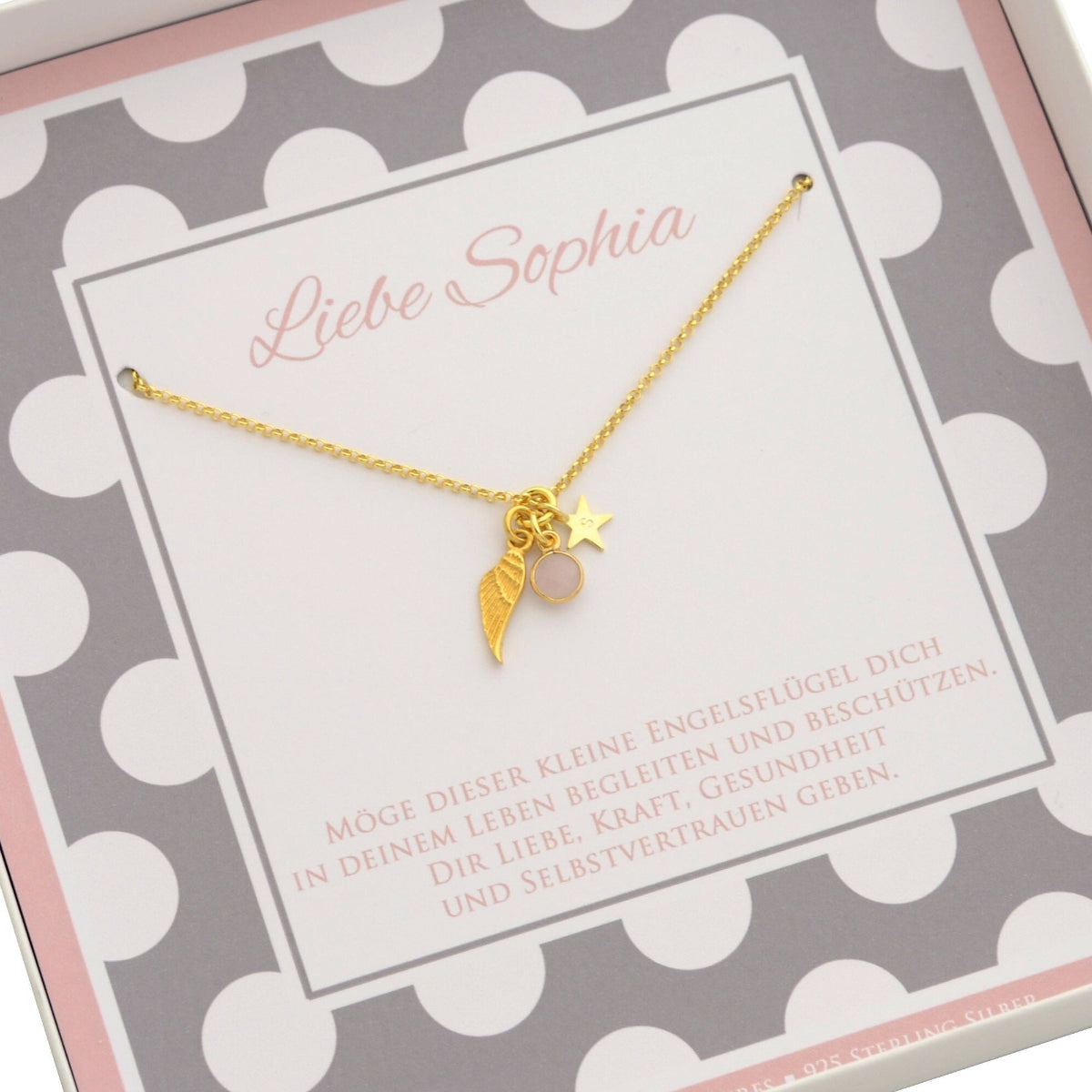 Innenansicht der individuellen Geschenkbox für 'Sophia' mit Spruch: 'Möge dieser kleine Engelsflügel dich in deinem Leben begleiten und beschützen...'