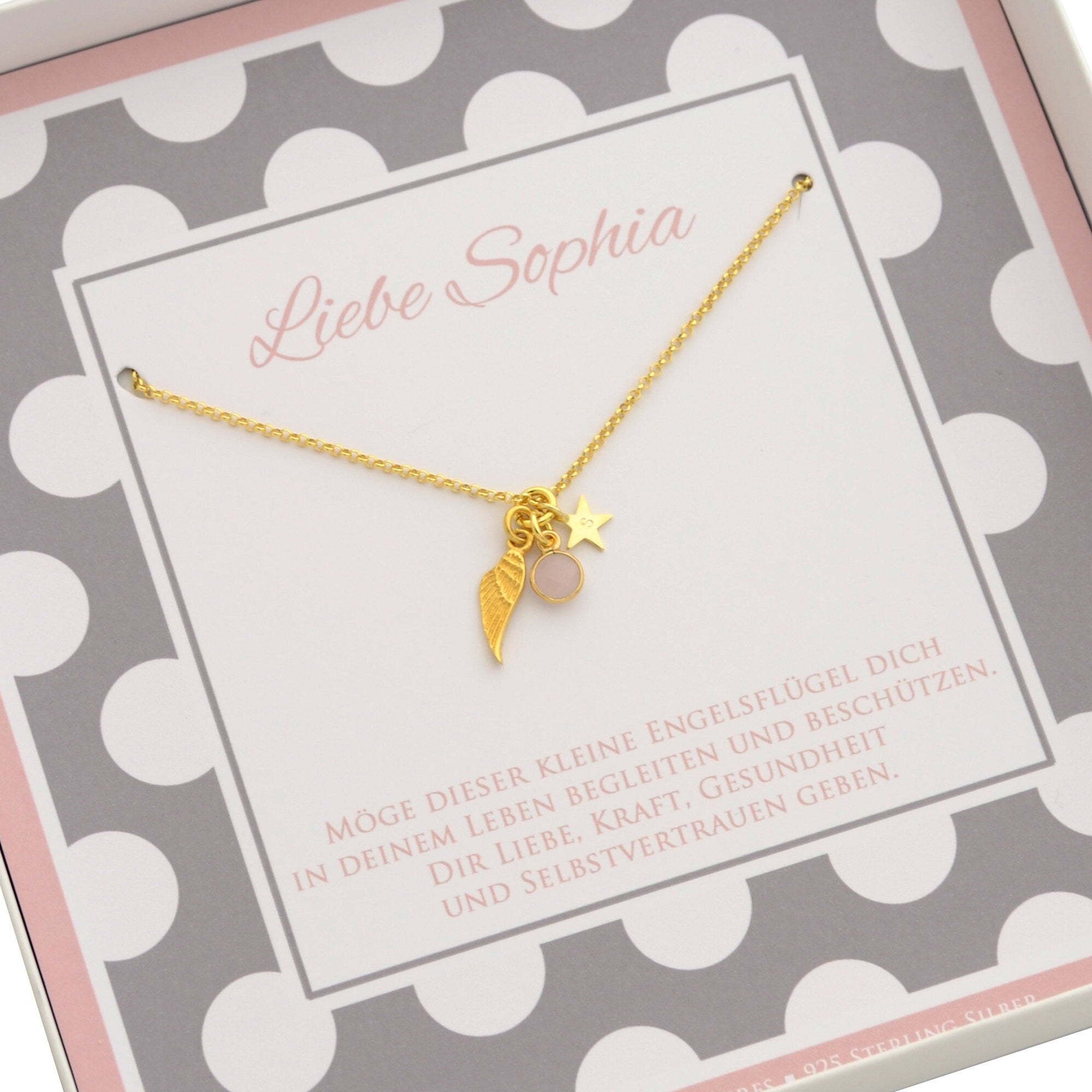 Innenansicht der individuellen Geschenkbox für 'Sophia' mit Spruch: 'Möge dieser kleine Engelsflügel dich in deinem Leben begleiten und beschützen...'