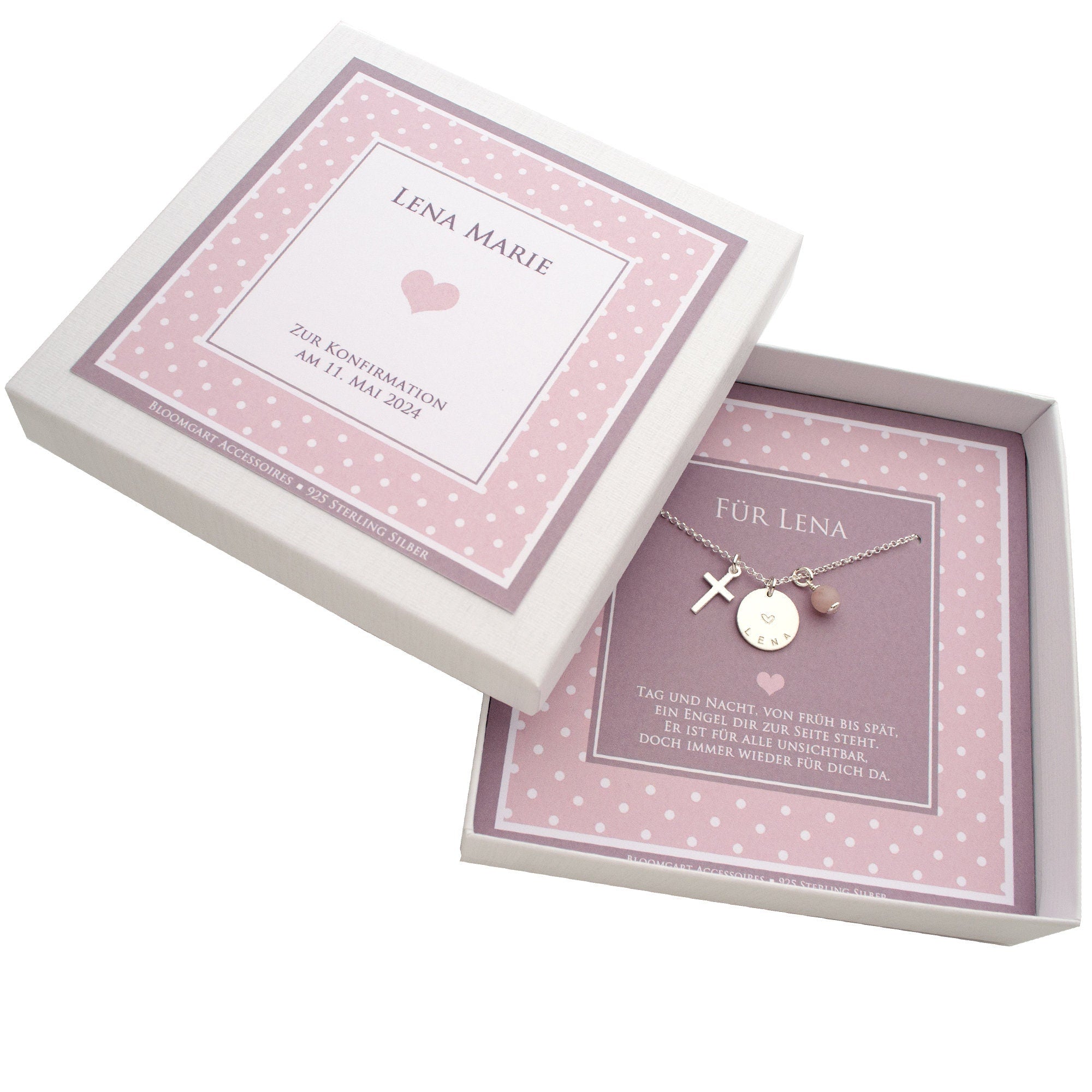 Personalisierte Halskette aus 925 Silber als Geschenk zur Konfirmation für 'Lena Marie'. Mit Kreuz, Namensgravur und rosa Edelstein in einer Geschenkbox mit Schutzengel-Spruch. Von Bloomgart.