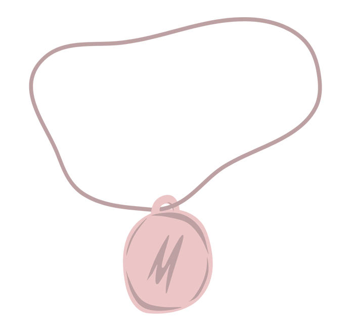 Stilisierte Zeichnung einer Halskette mit Gravur Taler. Namen, Daten oder kleine Botschaften werden von Hand gestempelt.