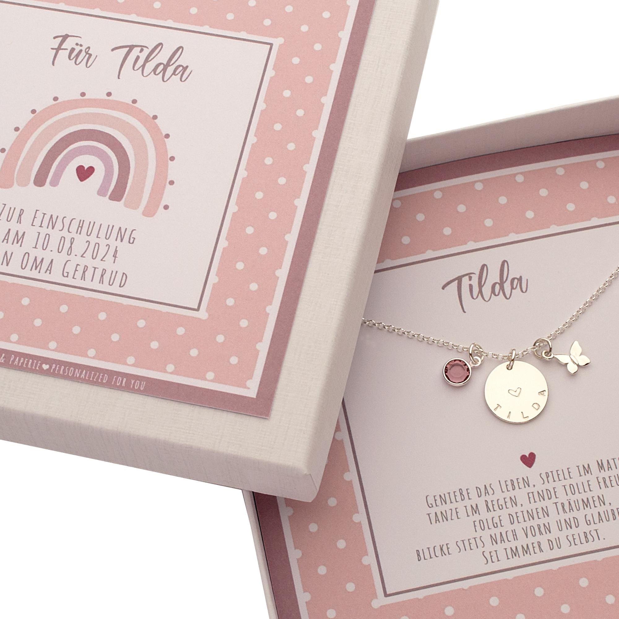 Personalisiertes Geschenk für Mädchen zur Einschulung: 925 Silberkette mit Namen, Schmetterling und persönlichem Geburtsstein.