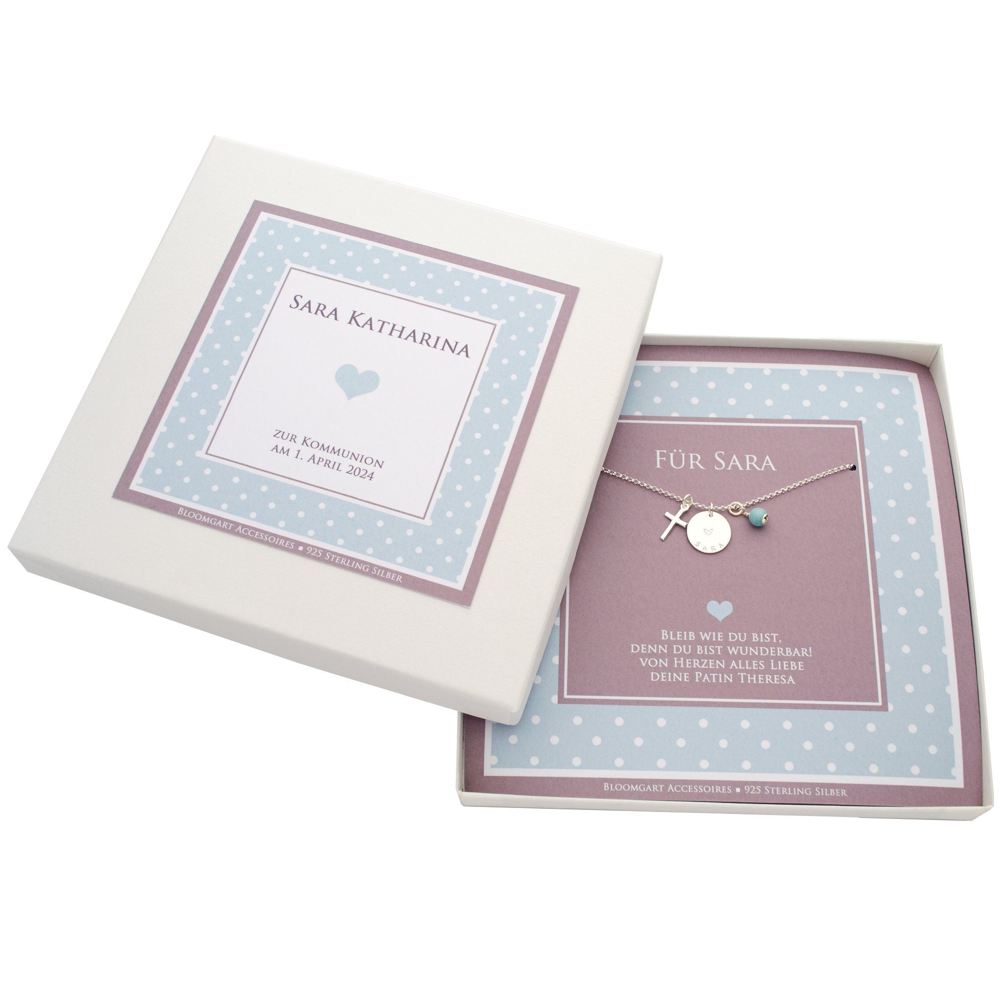 Kommunion Geschenk für Mädchen: Eine 925 Silber Kette mit Wunschgravur, Kreuz und Aqua Chalcedon Kugel.
