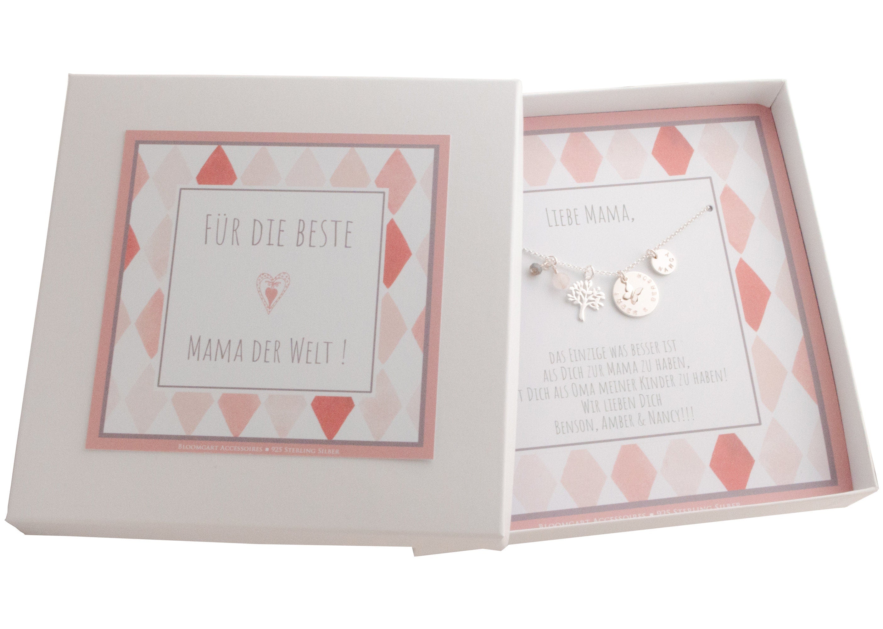 Das komplette Geschenkset für Mama: Die personalisierte Lebensbaum-Kette in einer Bloomgart Geschenkbox mit emotionaler Botschaft für die beste Mama & Oma der Welt.