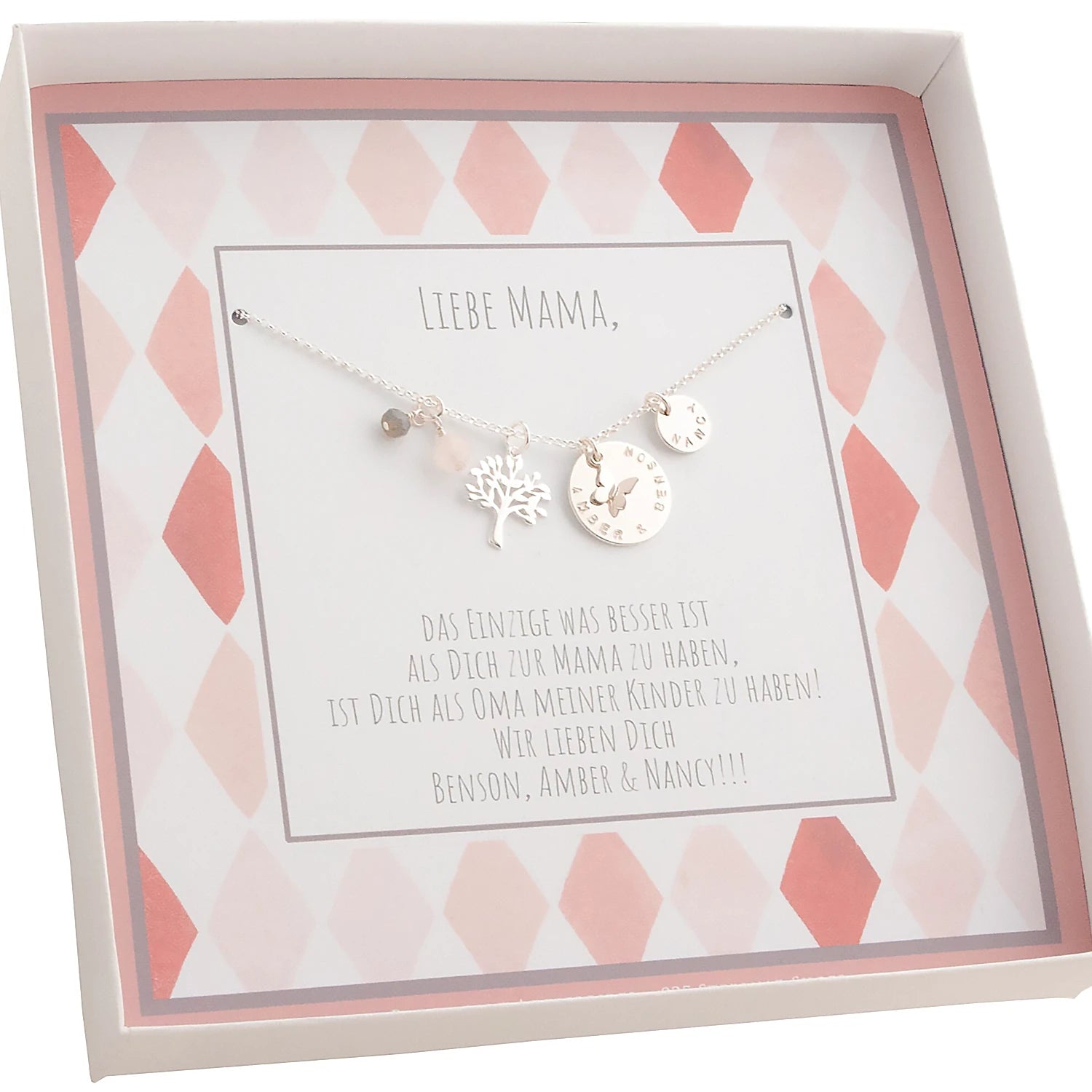 Lebensbaum Kette Namensgravur Plättchen Schmetterling Detail Innenansicht der Geschenkbox mit Wunschtext