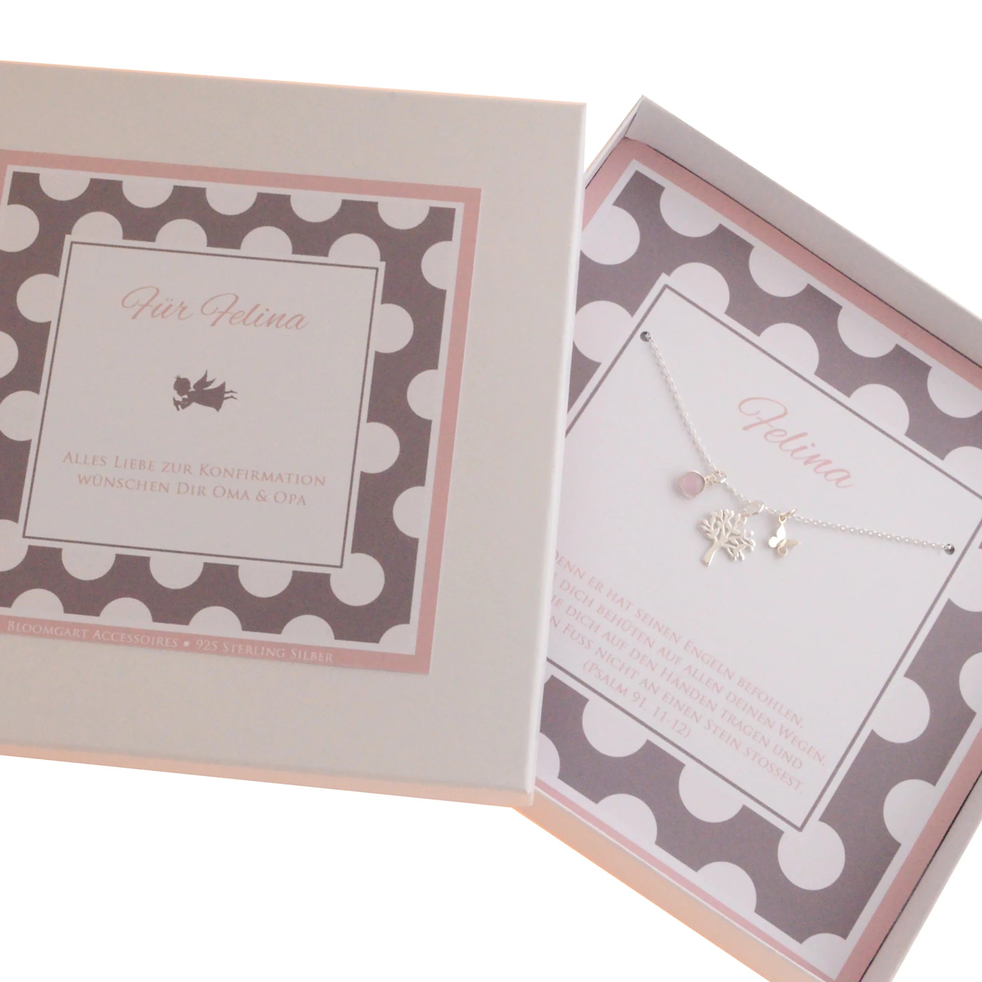 Geschenk zur Konfirmation: Lebensbaumkette mit Rosenquarz und Schmetterling aus 925 Silber in personalisierter Geschenkbox.