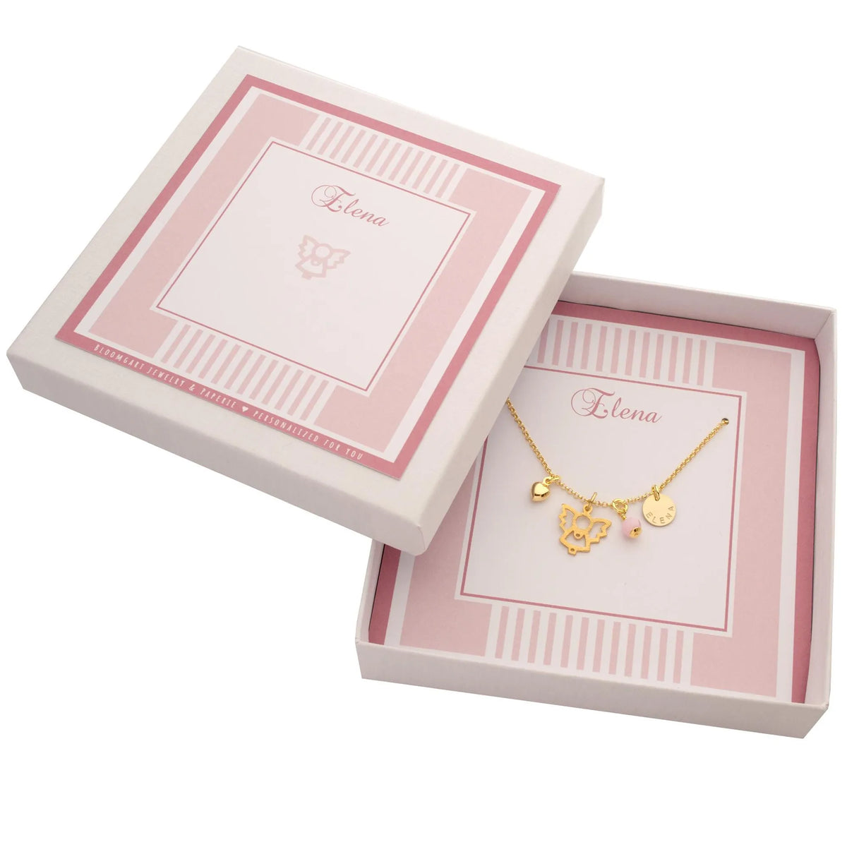 Die Taufkette "Schutzengel" in einer personalisierten Bloomgart Geschenkbox in weiß-rosa