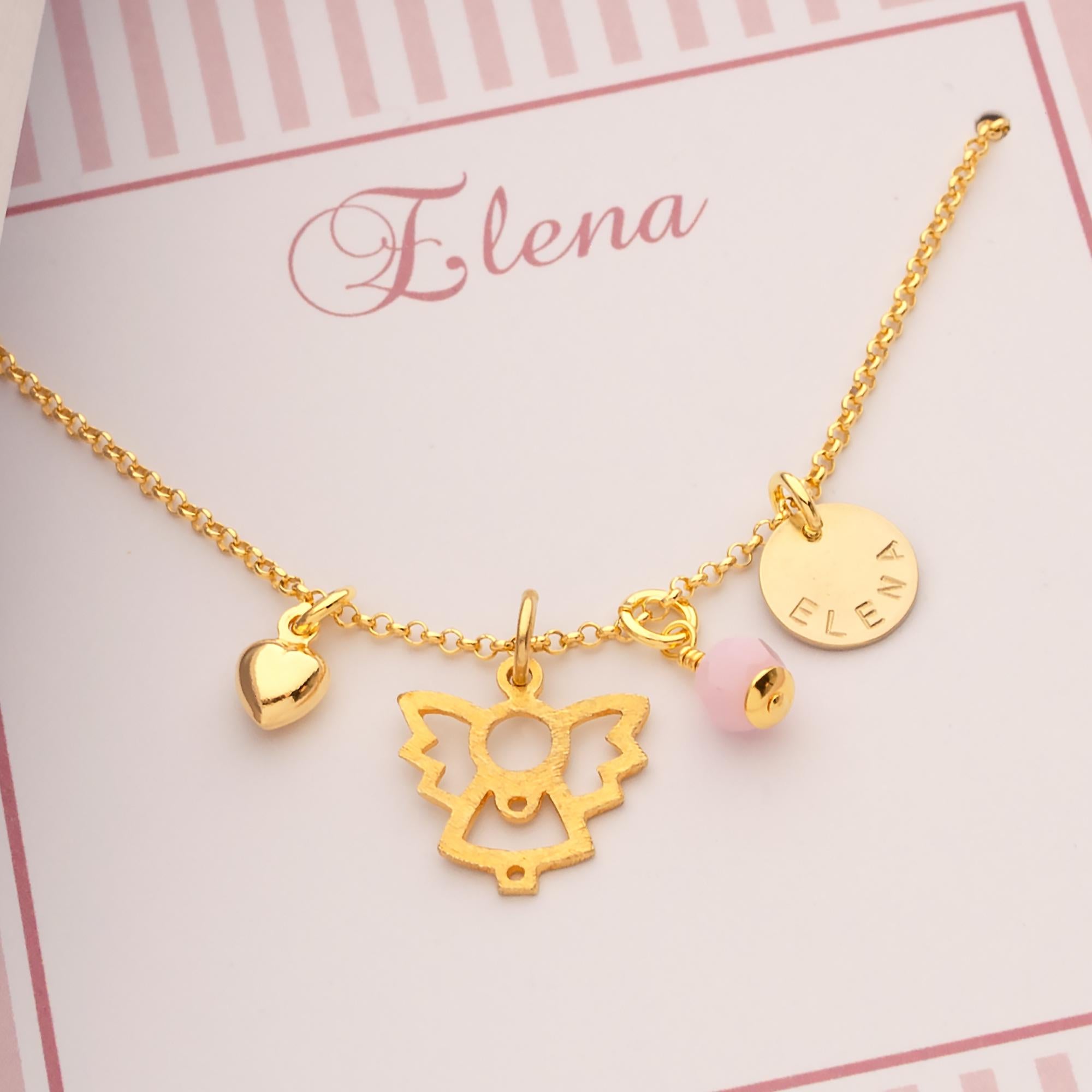 Vergoldete Taufkette "Schutzengel" von Bloomgart mit personalisiertem Namens-Plättchen, Herz-Anhänger und Swarovski-Glücksstein.