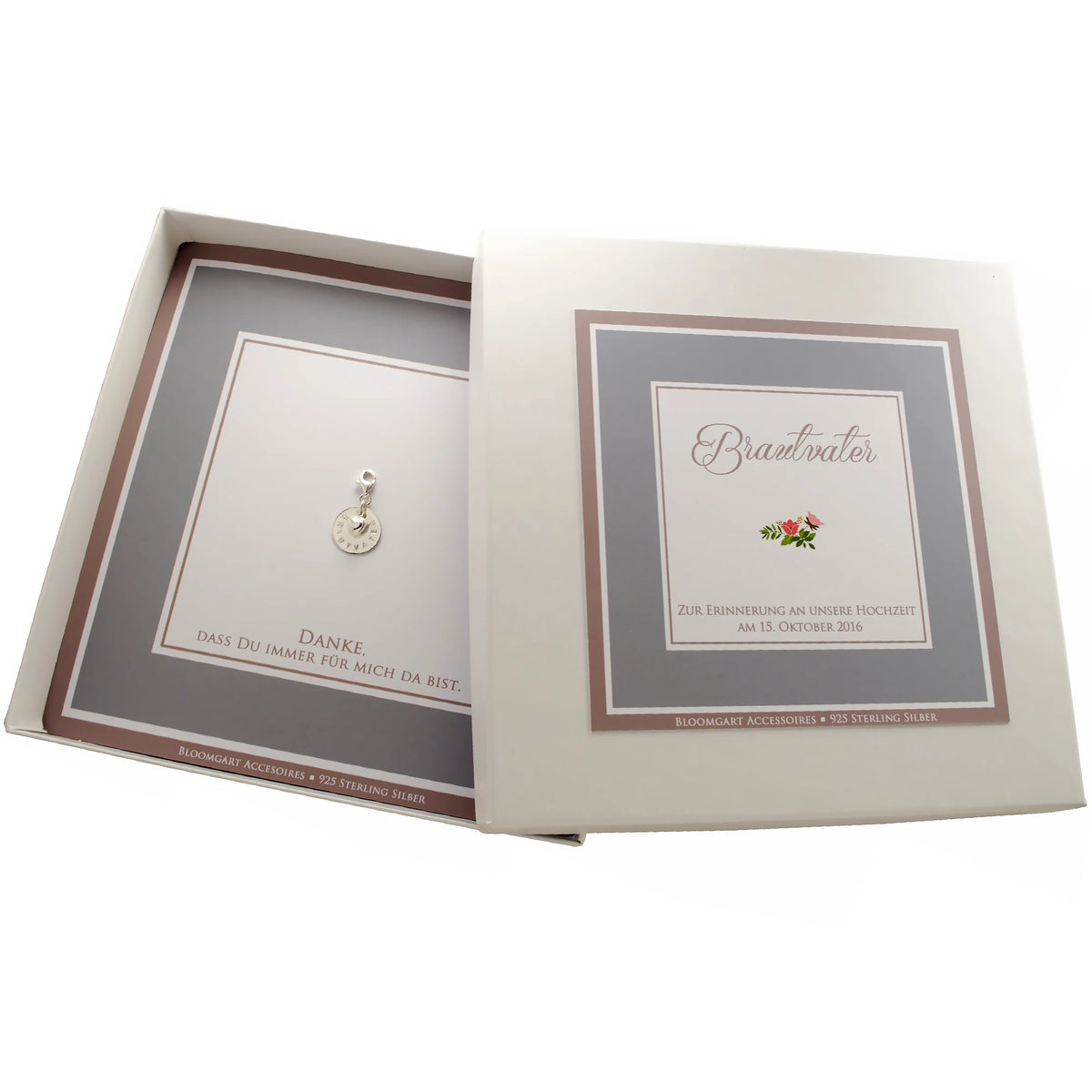 Personalisierter 925-Silberanhänger als Erinnerungsgeschenk für die Brauteltern in edler Geschenkbox.