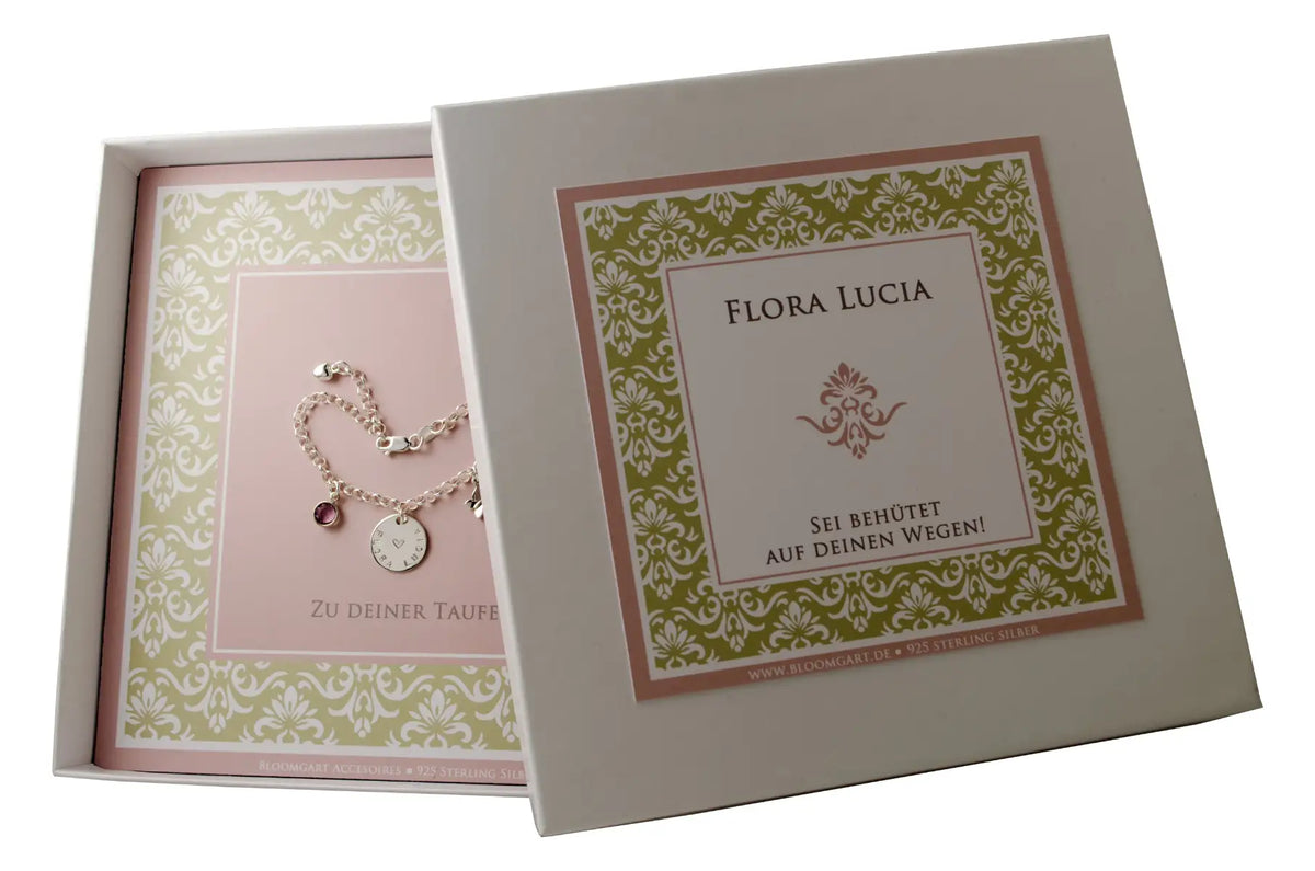 Individuelles Taufgeschenk 'Sei behütet auf deinen Wegen!' in einer personalisierten Geschenkbox mit Ornamentmuster in rosa beige.