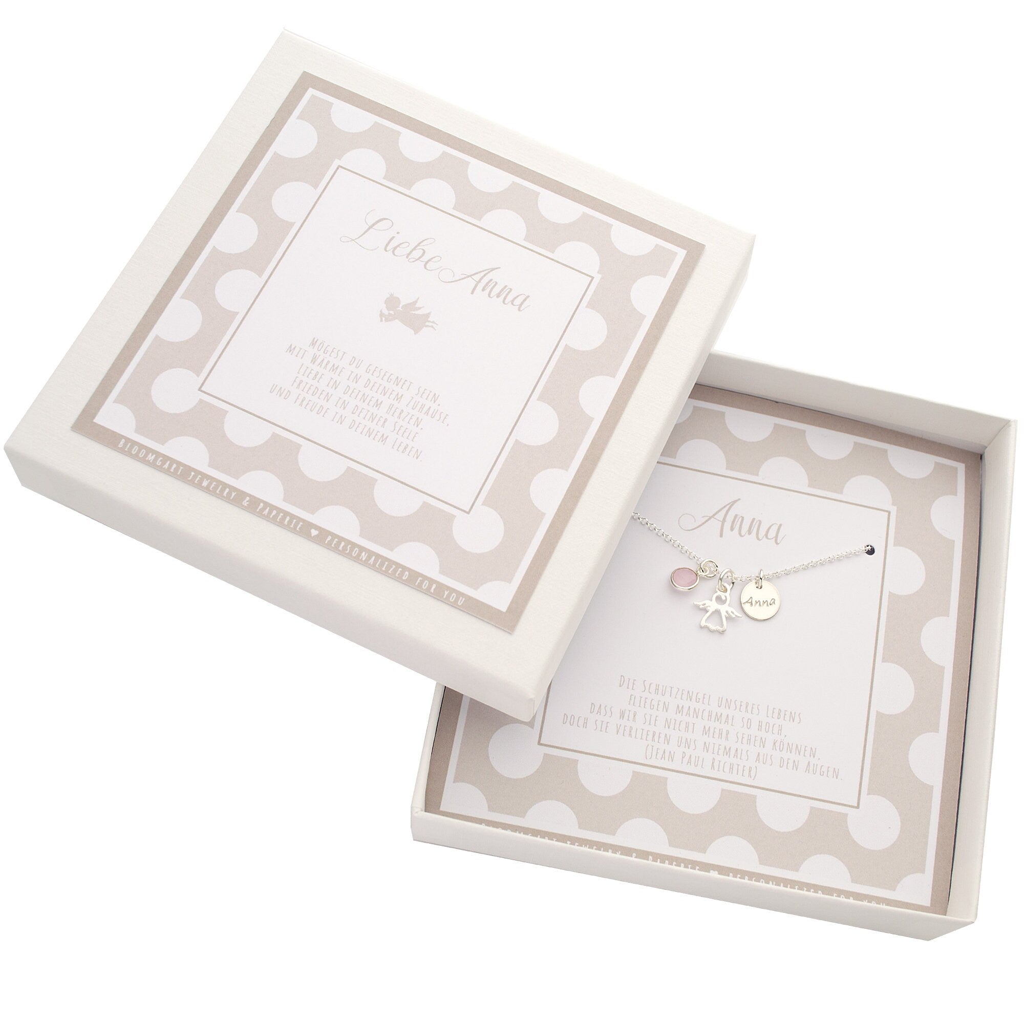 Personalisierte Schutzengel-Kette aus 925 Silber mit Namensgravur 'Anna', Engel-Anhänger und Rosenquarz. Inklusive Geschenkbox mit persönlichem Segenswunsch und Jean Paul Richter Zitat. Von Bloomgart.