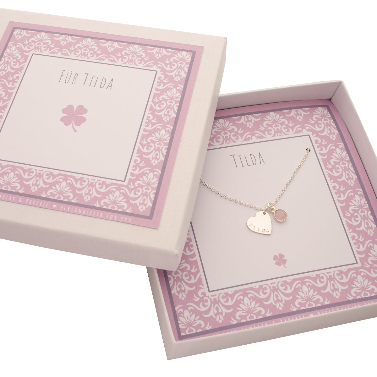 925 Sterling Silberkette mit Herz Gravur Tilda und gefasster Edelstein Anhänger in Geschenkbox.