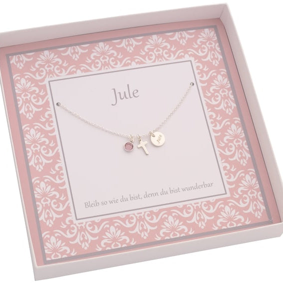 Silberkette JULE 925 Silber Kreuz Anhänger Geburtsstein Detail