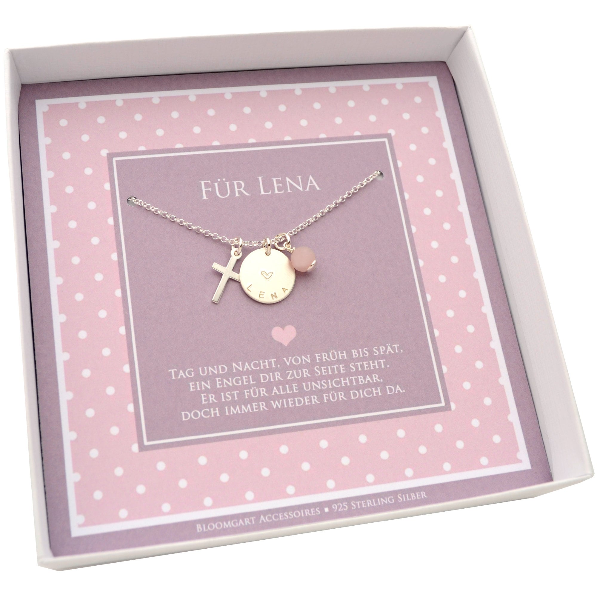 Silberkette mit Namensgravur Taler, Kreuz und Edelstein Perle in Wunschfarbe. Der 925 Silberschmuck wird präsentiert in einer personalisierten Schmuckbox.