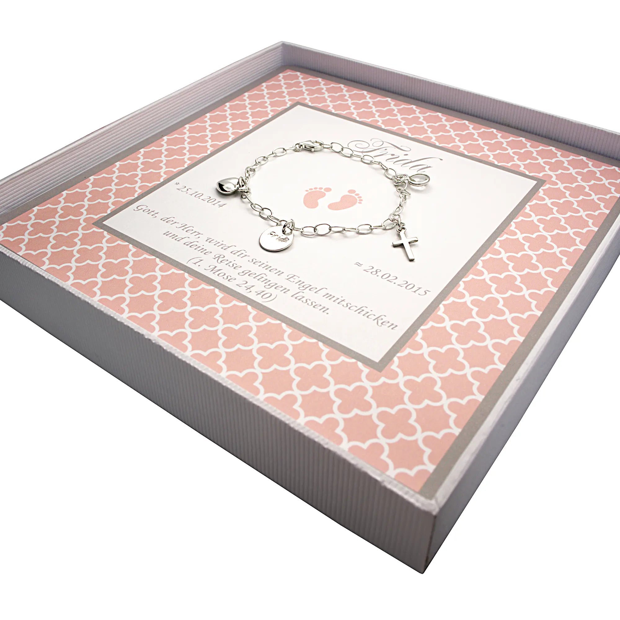 Taufarmband 925 Silber mit Gravur, Geburtsstein, Herz & Kreuz