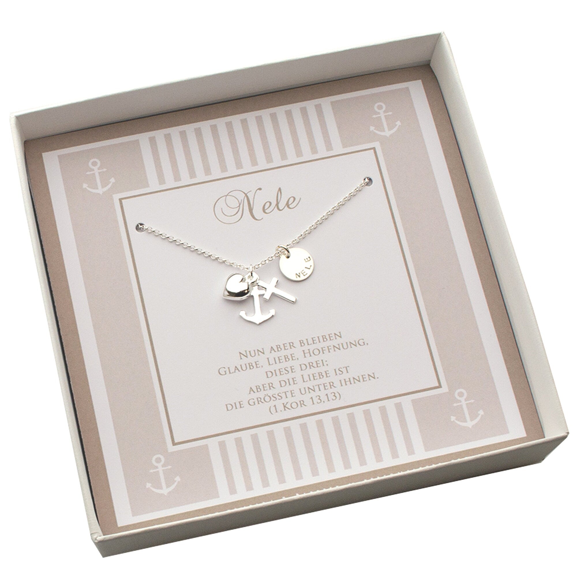Personalisierte Silberkette mit Glaube-Liebe-Hoffnung-Anhängern und Namensgravur – Taufgeschenk von Bloomgart