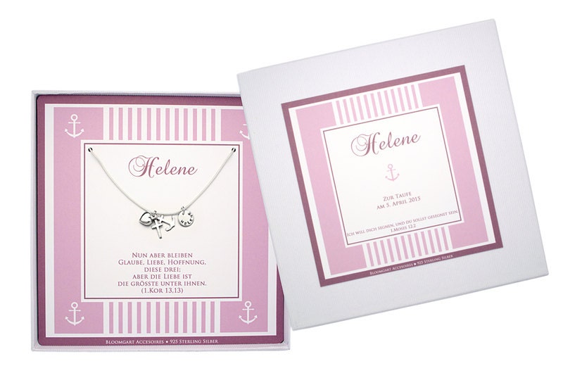 Personalisierte Taufkette "Glaube, Liebe, Hoffnung" aus 925 Silber mit Kreuz-, Anker- und Herz-Anhänger für 'Helene'. Inklusive Geschenkbox mit Taufdatum und Taufspruch. Von Bloomgart