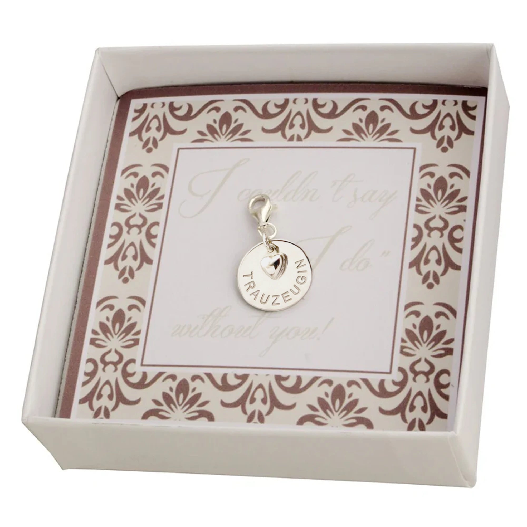 Innenansicht einer Geschenkbox mit Trauzeugin-Gravuranhänger aus 925 Sterling Silber. Personalisierbare Geschenkidee für die Trauzeugin.