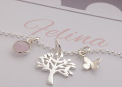 Lebensbaumkette mit Rosenquarz und Schmetterling 925 Silber