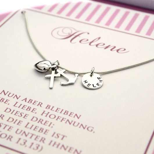 Geschenk zur Taufe: Kette "Glaube, Liebe, Hoffnung" in Spruchbox