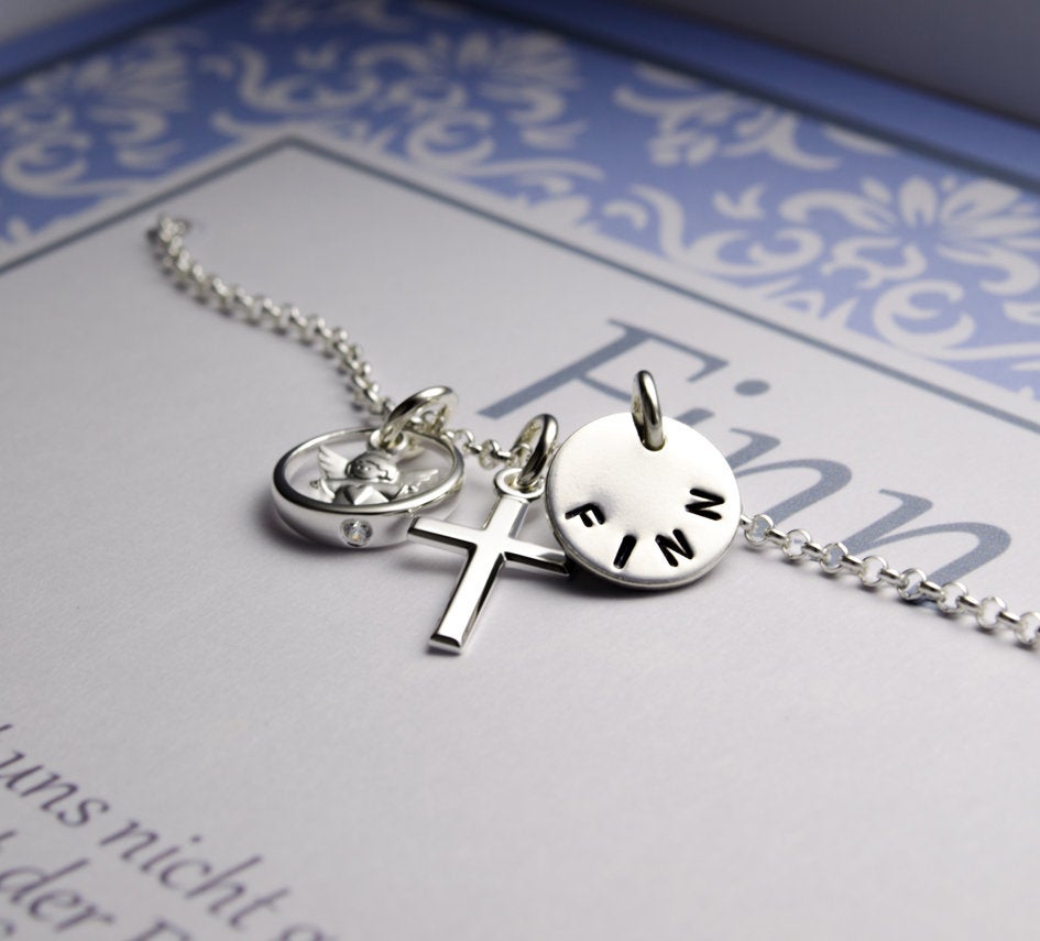Taufkette FINN mit Name Engel Taufring Kreuz 925 Silber