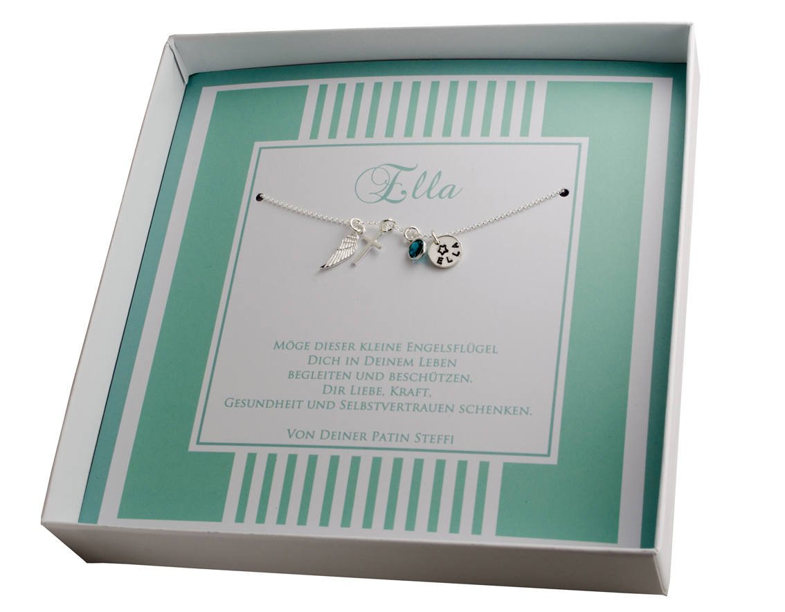 Innenansicht einer personalisierten Geschenkbox mit Silberkette aus 925 Sterling Silber. Mit Flügel, Kreuz, Geburtsstein und Namenstaler.