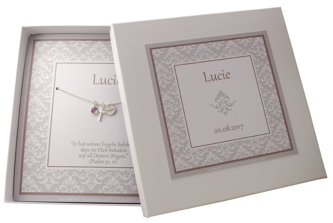 BLOOMGART Taufkette mit Geschenkbox, Gravur, Kreuz, Monatsstein. Die Namenskette ist aus 925 Sterling Silber und wird in einer personalisierten Geschenkschachtel präsentiert. 