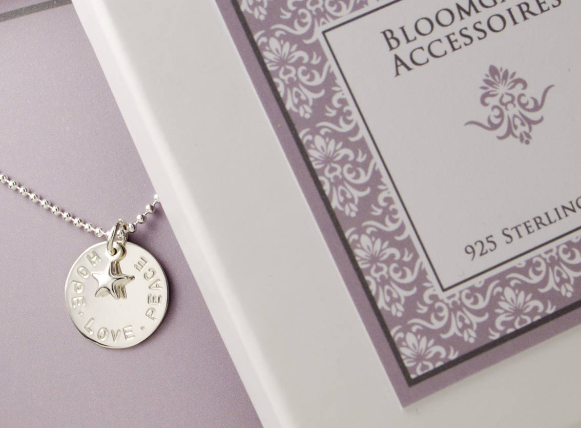 HOPE LOVE PEACE 925 Sterling Silber Kette mit Gravur Bloomgart