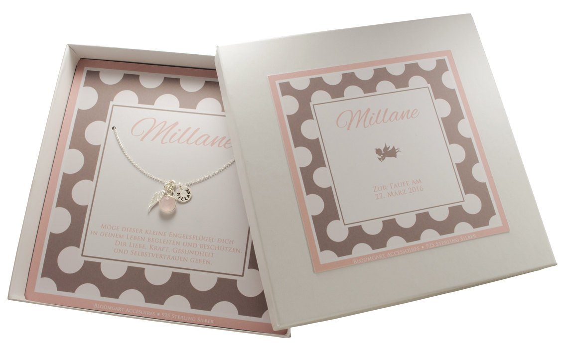 Namensschmuck mit Gravur Taufkette im Geschenkkarton persönlicher Schmuck mit Rosenquarz Engelsflügel Namens-Anhänger Taufschmuck