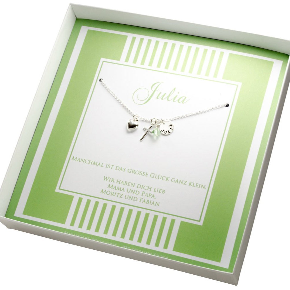 Namenskette Gravur Taufkette mit Herz Kreuz Swarovski Glücksstein Namensschmuck mit Gravur Taufschmuck