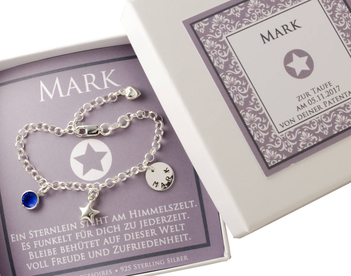 GEBURT ARMBAND BABY Taufschmuck Gravur Namensarmband mit Stern aus 925 Sterling Silber von Bloomgart