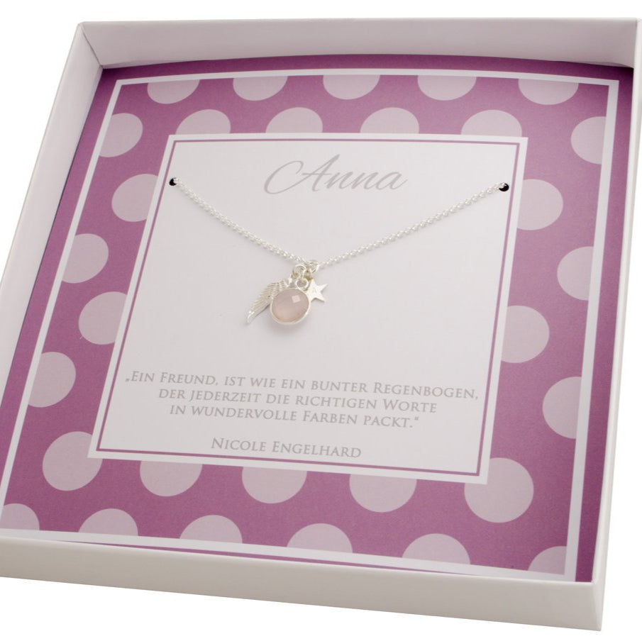 ENGELSFLÜGELKETTE SILBERKETTE ROSENQUARZ Stern Gravur Geschenk Weihnachten Taufkette Mädchen persönlicher Schmuck Bloomgart Geschenkkarton