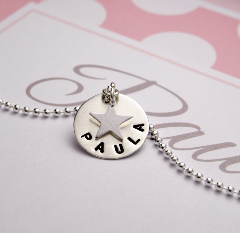 Namenskette GLÜCKSSTERN mit Wunschname 925 Silber Namensschmuck Kette mit Gravur persönliche Geschenkbox Bloomgart