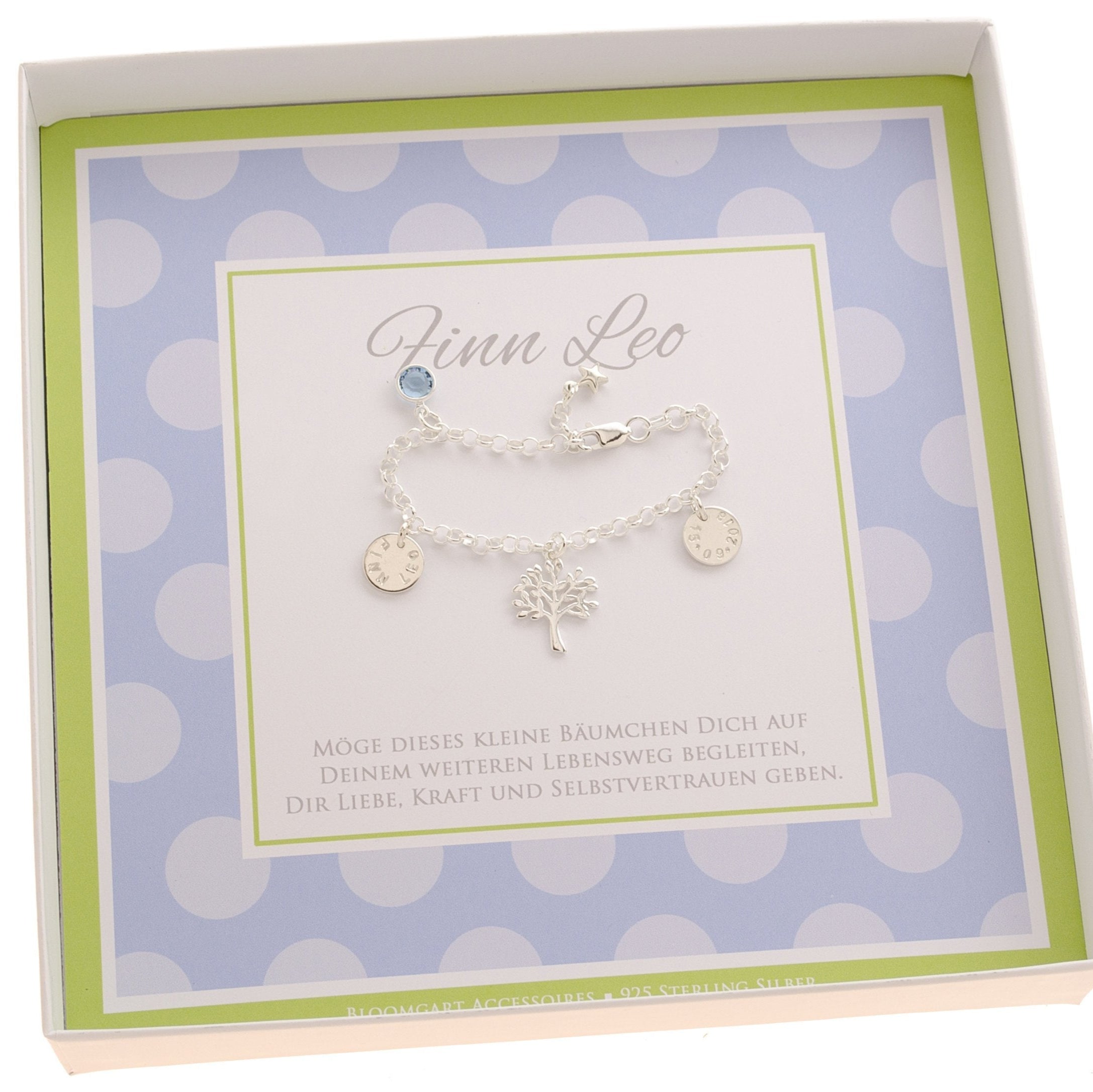 NAMENSARMBAND MIT LEBENSBAUM und Gravur 925 Silber Bloomgart Geschenkbox Geschenk zur Geburt Taufe Einschulung Weihnachten