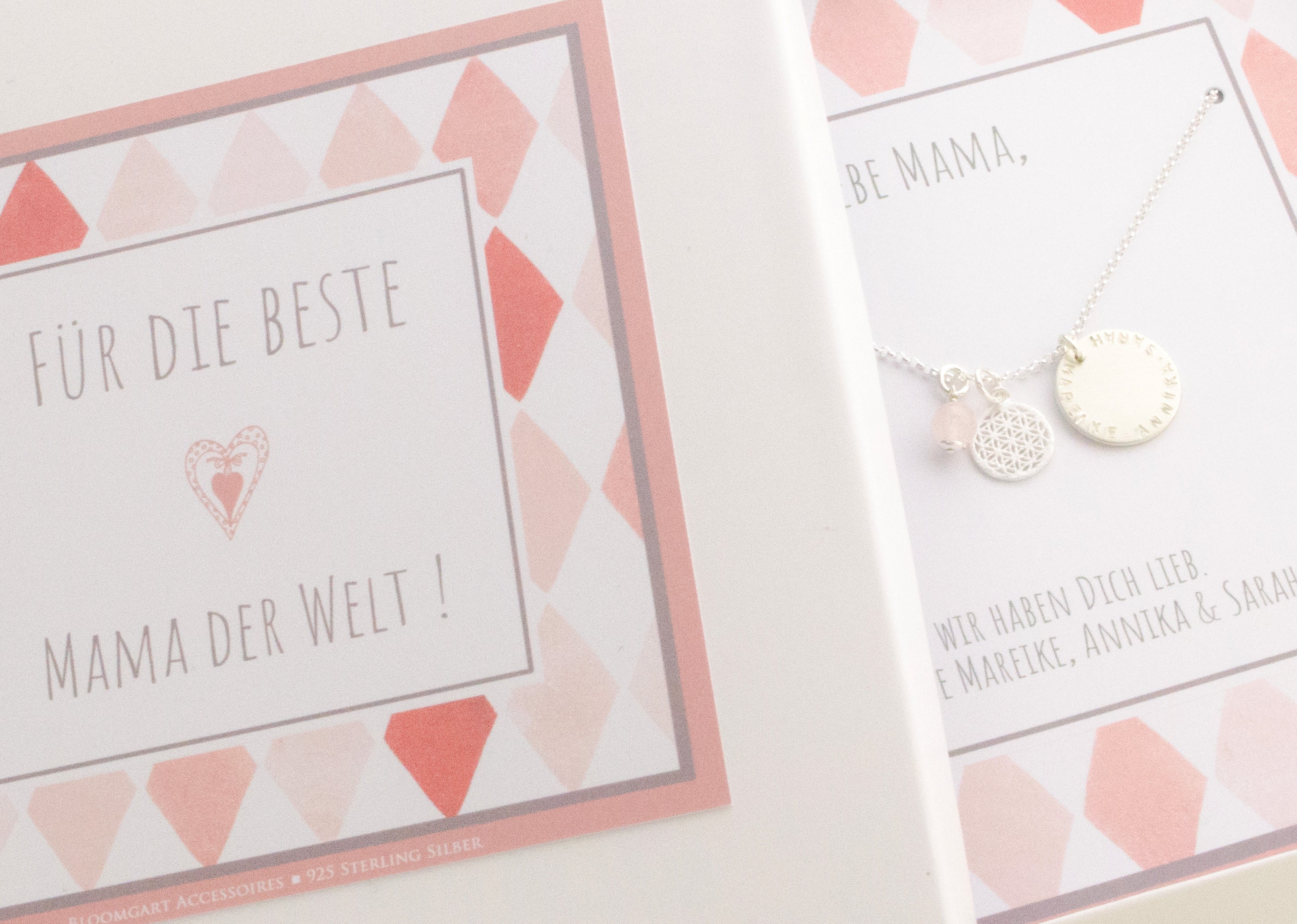 Namenskette MAMA mit Lebensblume Rosenquarz 925 Silber