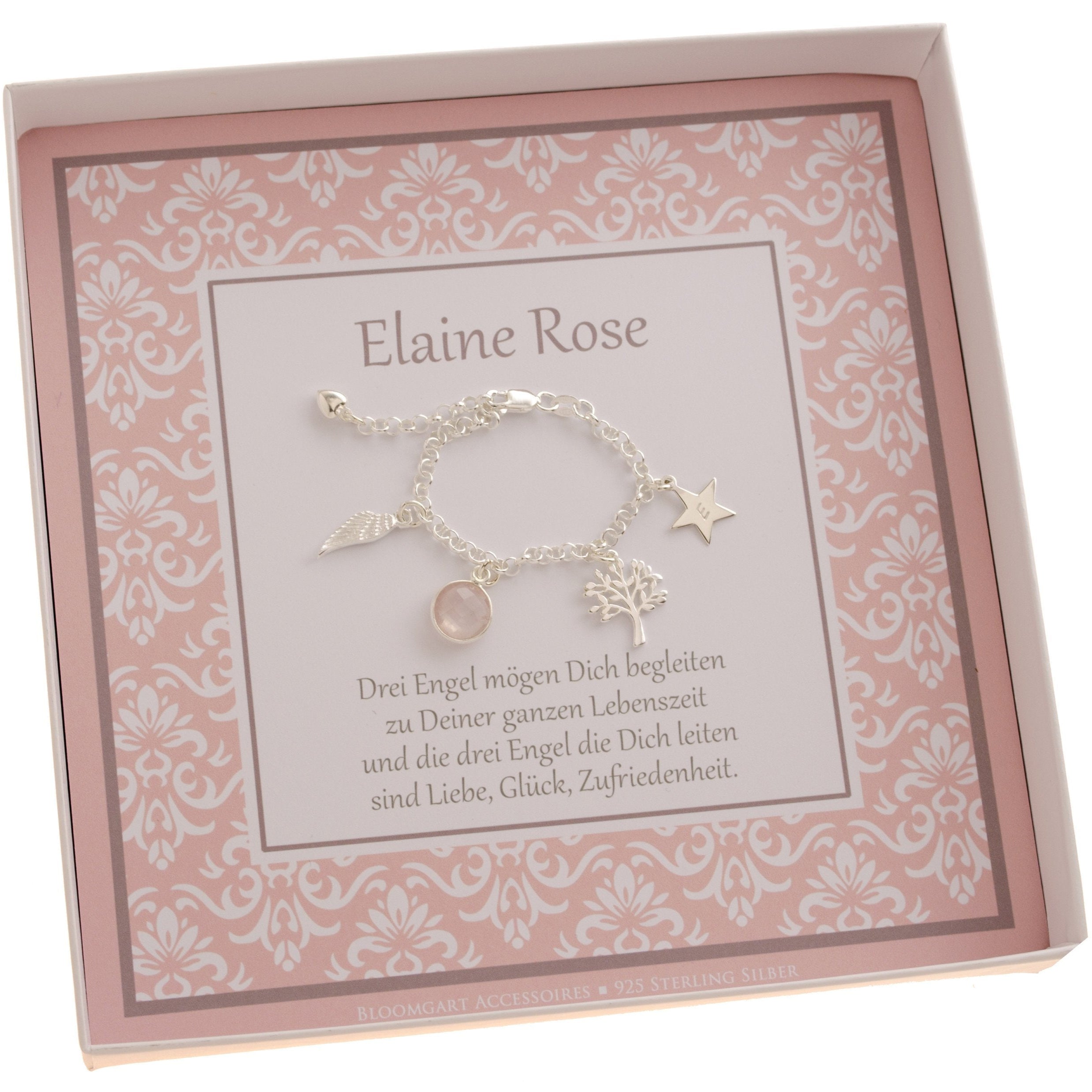 ARMBAND ZUR TAUFE mit Gravur, Rosenquarz und Lebensbaum aus 925 Sterling Silber in einer persönlichen Geschenkbox von Bloomgart arrangiert.