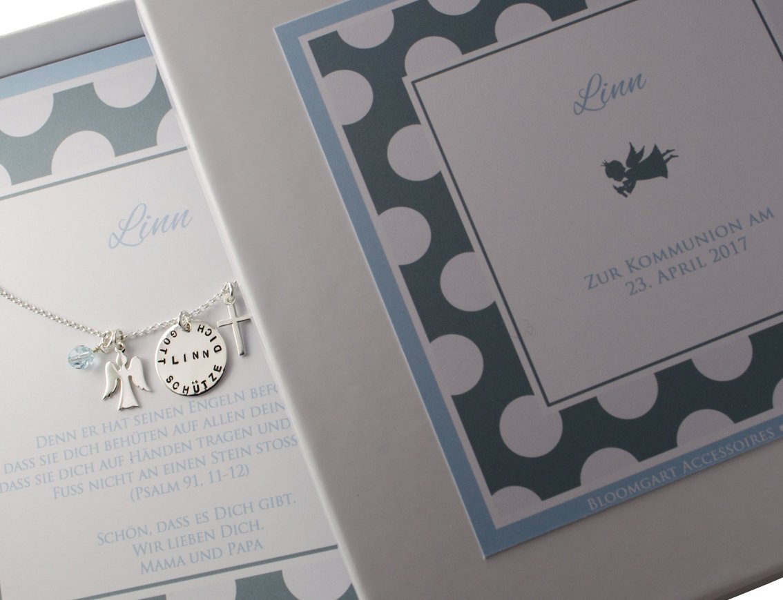 Elegante Kreuzkette mit Gravur, Engel zur Taufe, Kommunion oder Konfirmation mit personalisierter Geschenkbox mit Punkten in Blautönen. 