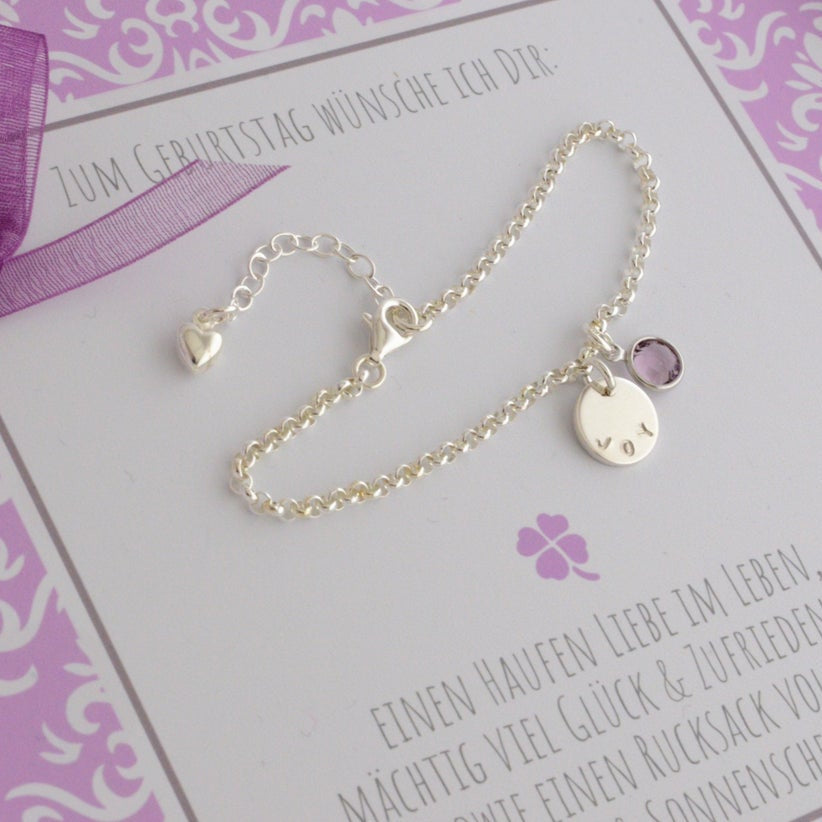 Personalisiertes Namensarmband 925 Sterling Silber mit handgestempelter Gravur und Herzanhänger