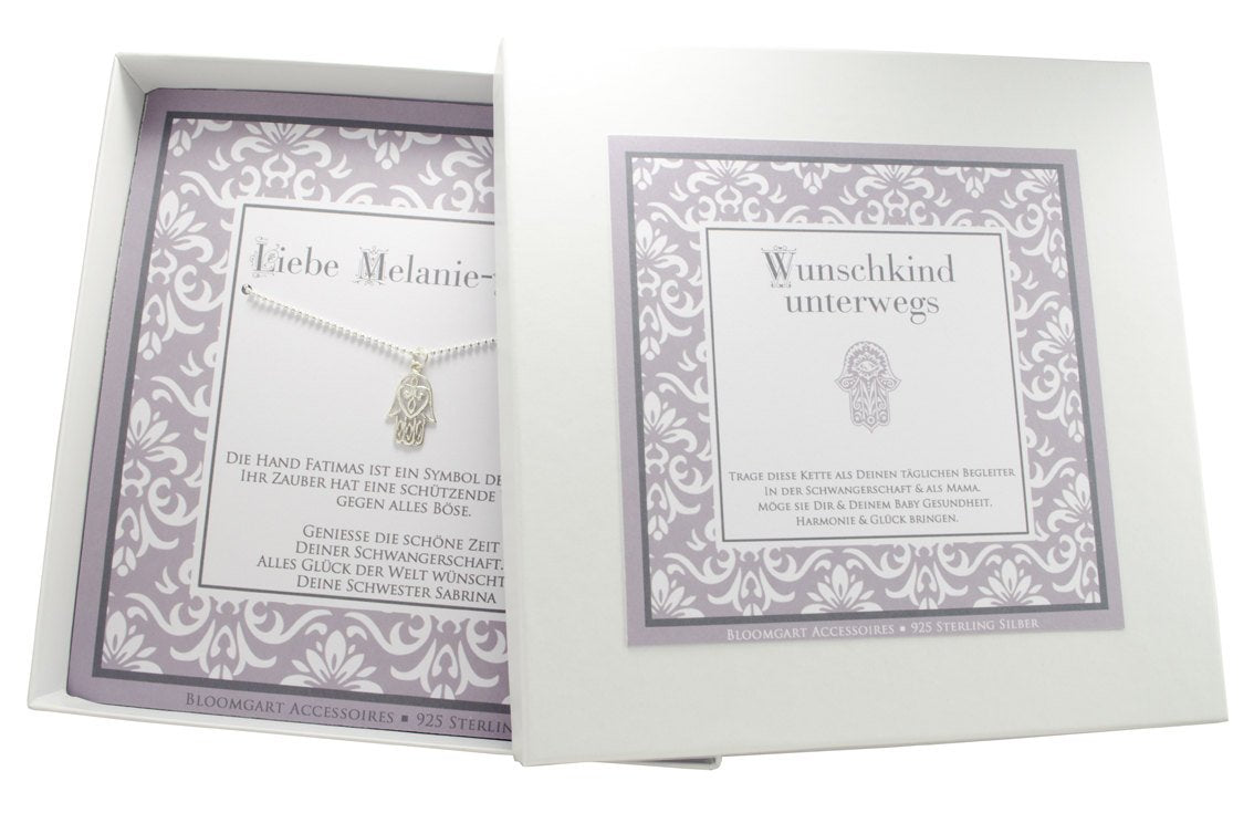 Schwangerschaftskette Hamsa Hand Silber personalisierte Geschenkbox