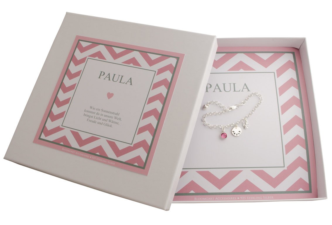 Komplettansicht des personalisierten Geschenks für 'Paula' mit rosa Zickzackmuster und Spruch: 'Wie ein Sonnenstrahl kommst du in unsere Welt, bringest Licht und Wärme, Freude und Glück.'