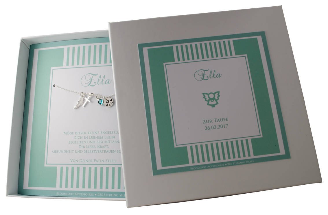 Personalisierte Schutzengel-Taufkette aus 925 Silber für 'Ella' mit Engelsflügel, Kreuz und Initialen-Gravur. Inklusive Geschenkbox mit Taufdatum und persönlichem Spruch von der Patin. Von Bloomgart.